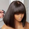 Elegant Straight Bob Human Hair Wig with Bangs - 180% Density, Glueless HD Lace Front, Natural Scalp Coverage, Vacation-Style for Women